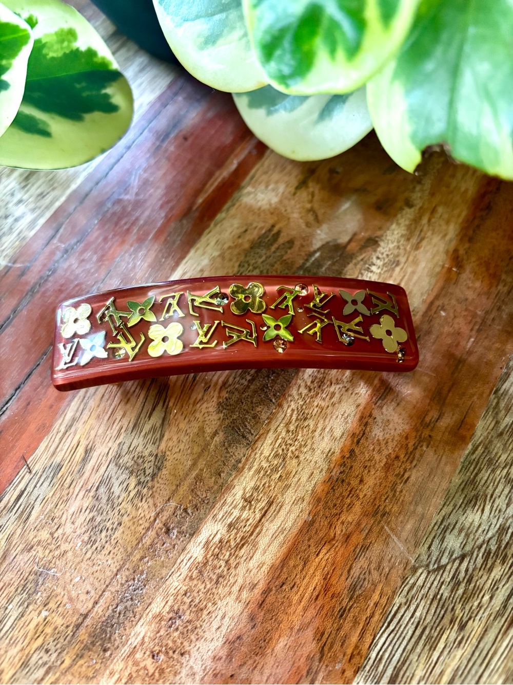 Louis Vuitton Thick Brown Red Resin Hair Barrette with Gold Monogram Accents